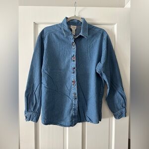 Vintage Koret City Blues Denim Flower Embroidered Long Sleeve Button Down Shirt